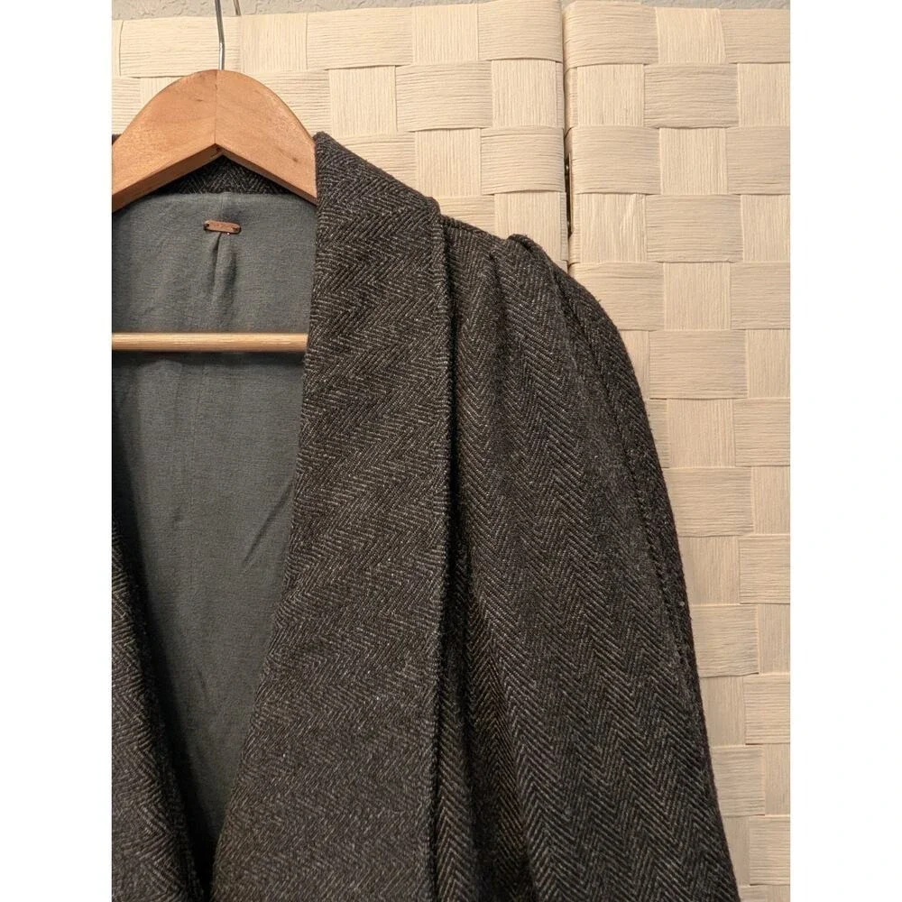 Free People Charcoal Herringbone Wool Blend Puff‎ Shoulder Blazer Jacket Gray